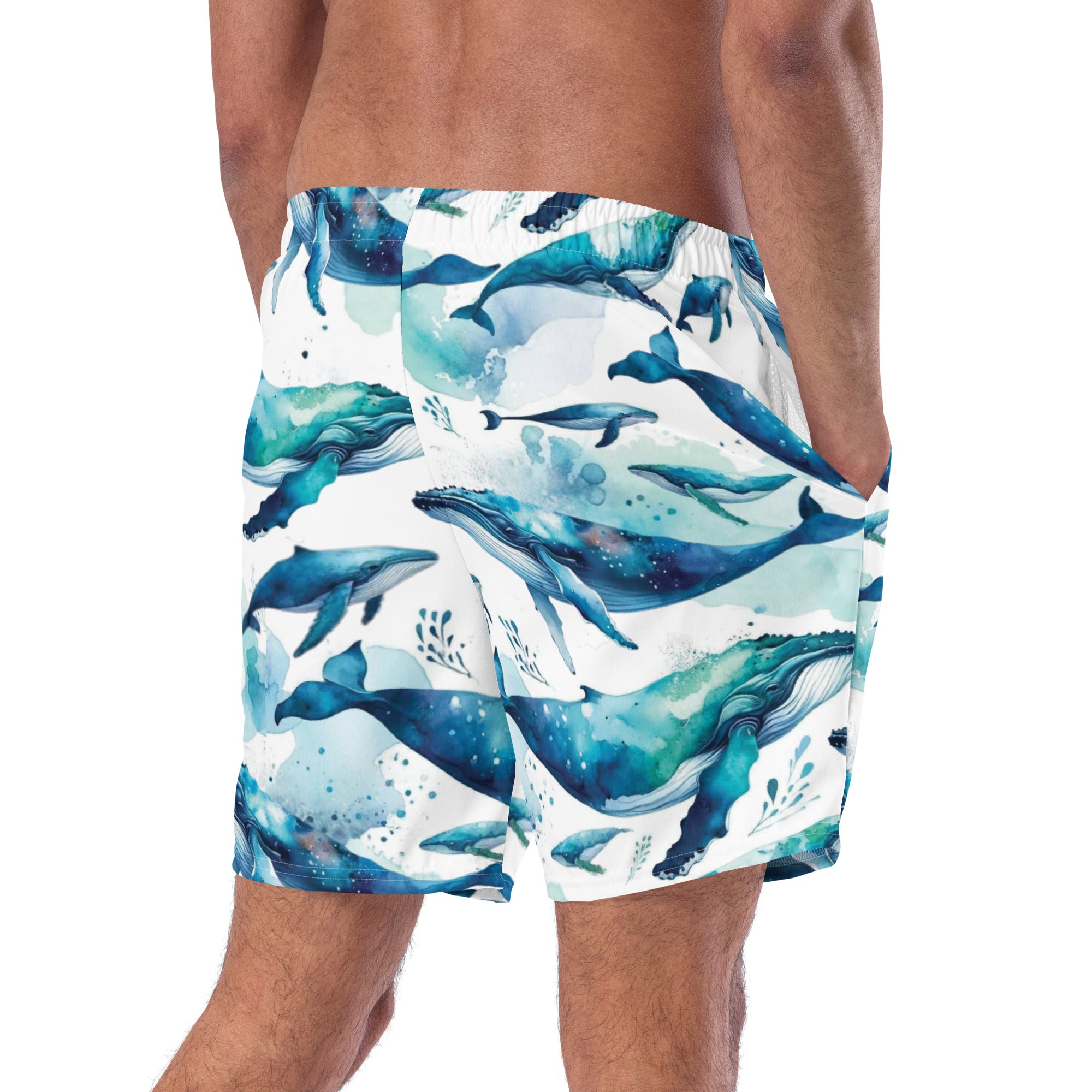 Humpback Dreams Swim Trunks – back view – sustainable swim trunks in soft recycled polyester for ocean lovers