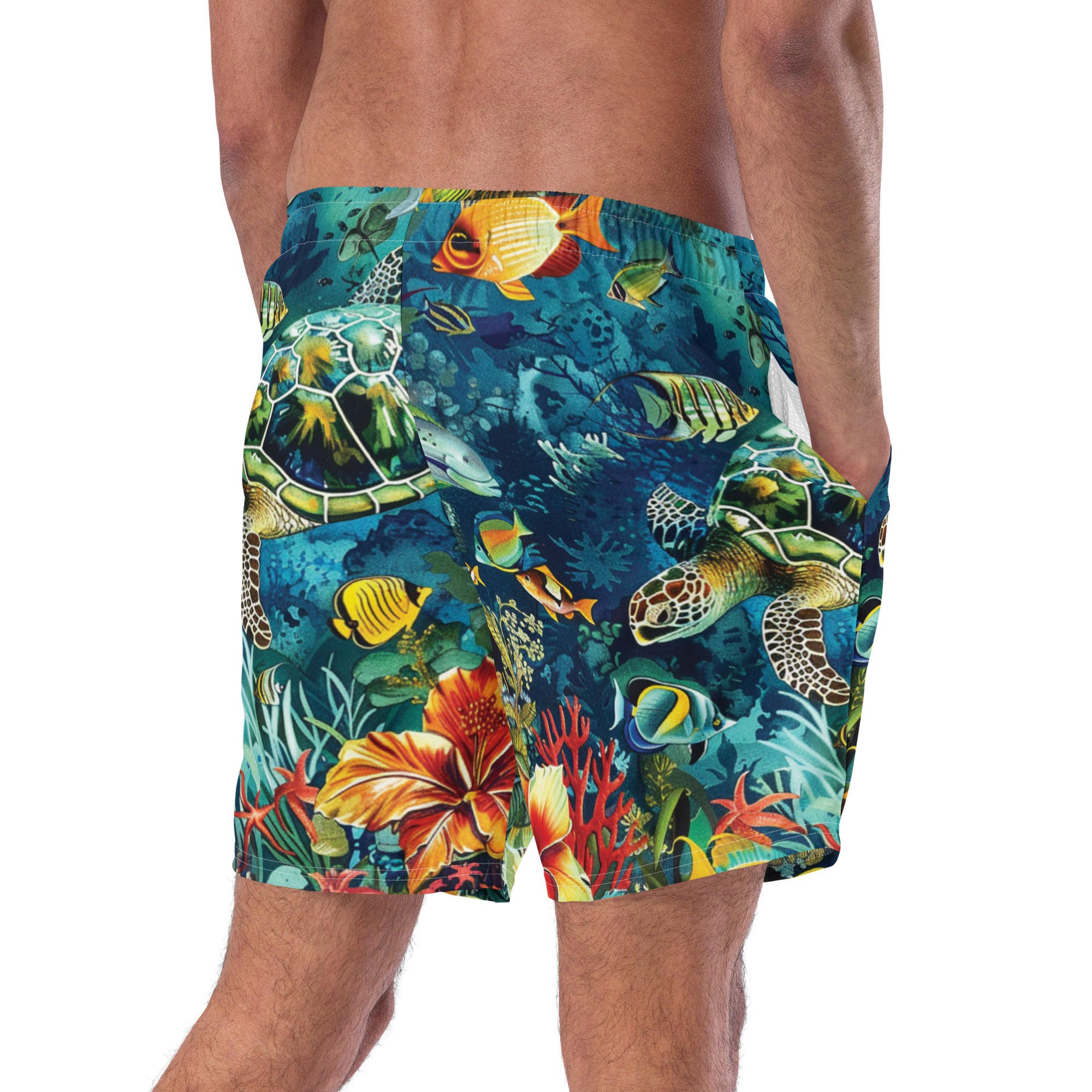 Maldives Swim Trunks – back view – men's swim trunks made from recycled ocean plastics for warm water