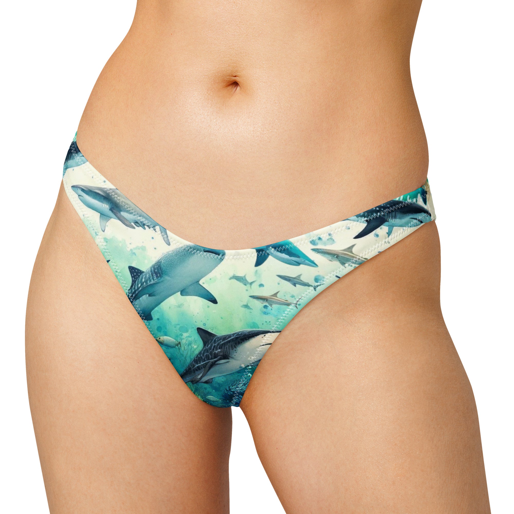 Shark Frenzy Scuba Bikini Bottom – Cheeky – front view – diving swimsuit that stays put under a wetsuit for scuba and freediving