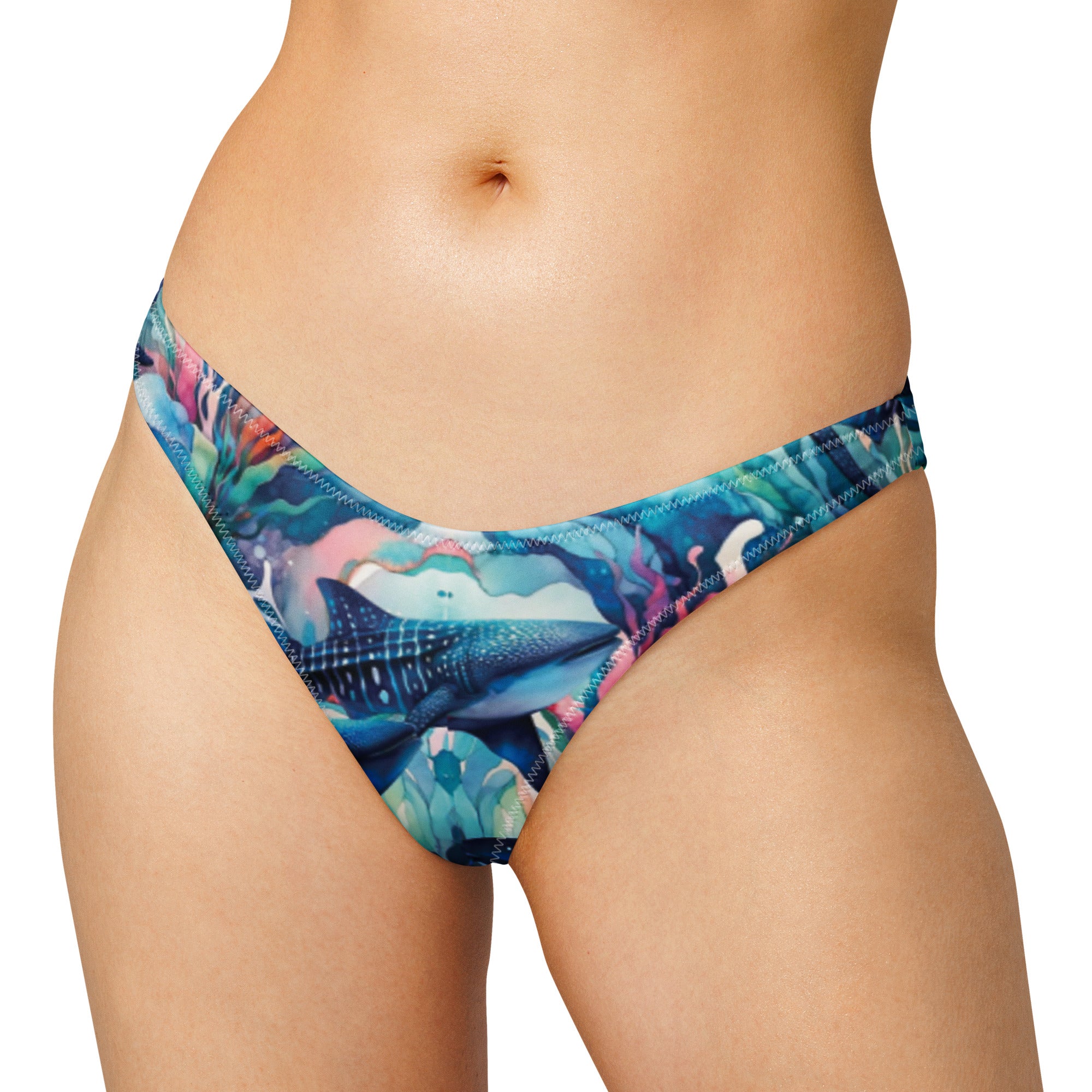 Electric Whale Shark Scuba Bikini Bottom – Cheeky – front view – diving swimsuit that stays put under a wetsuit for scuba and freediving