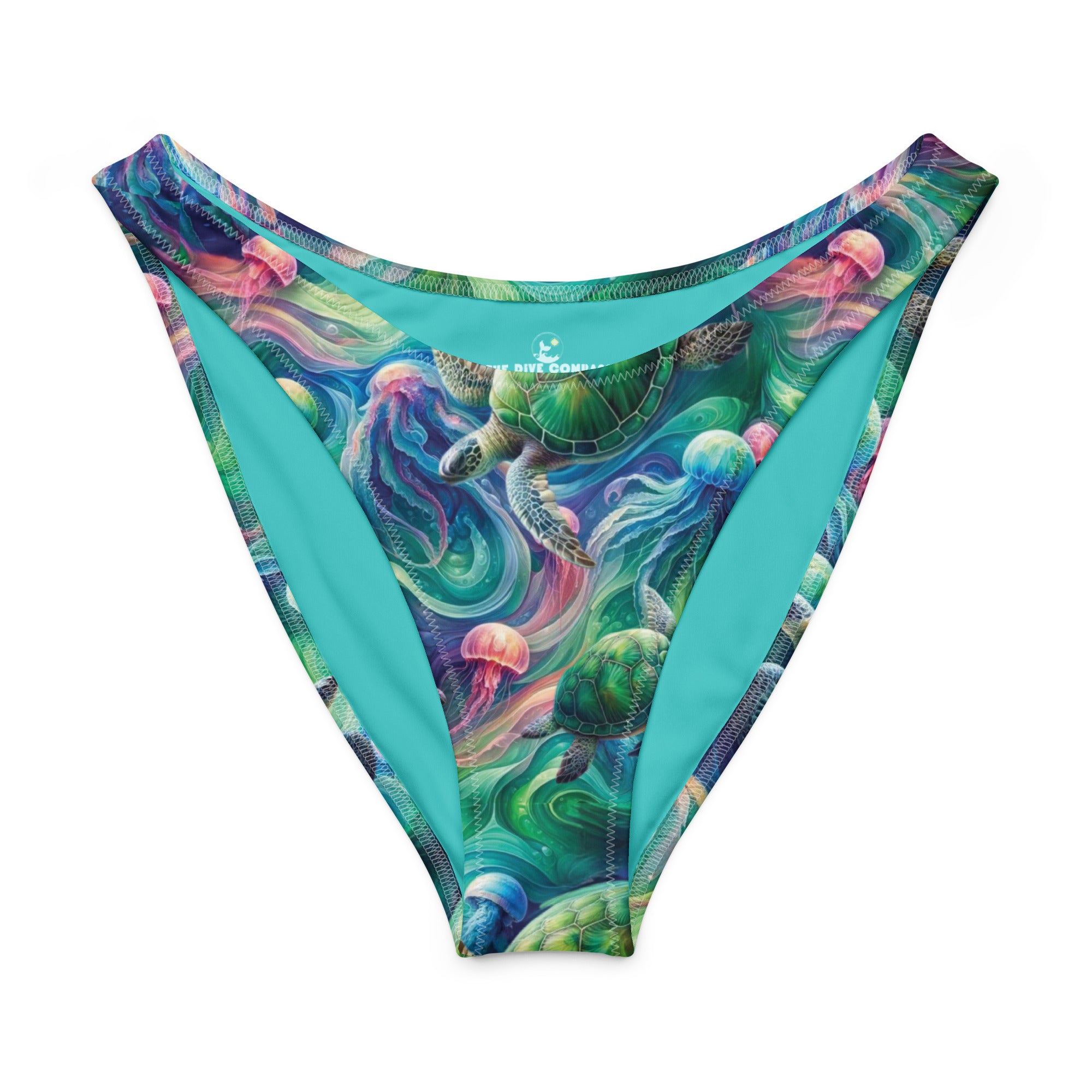 Psychedelic Turtle Scuba Bikini Bottom – Cheeky – front view – scuba diving swimsuit with UPF 50+ sun protection for tropical reef diving