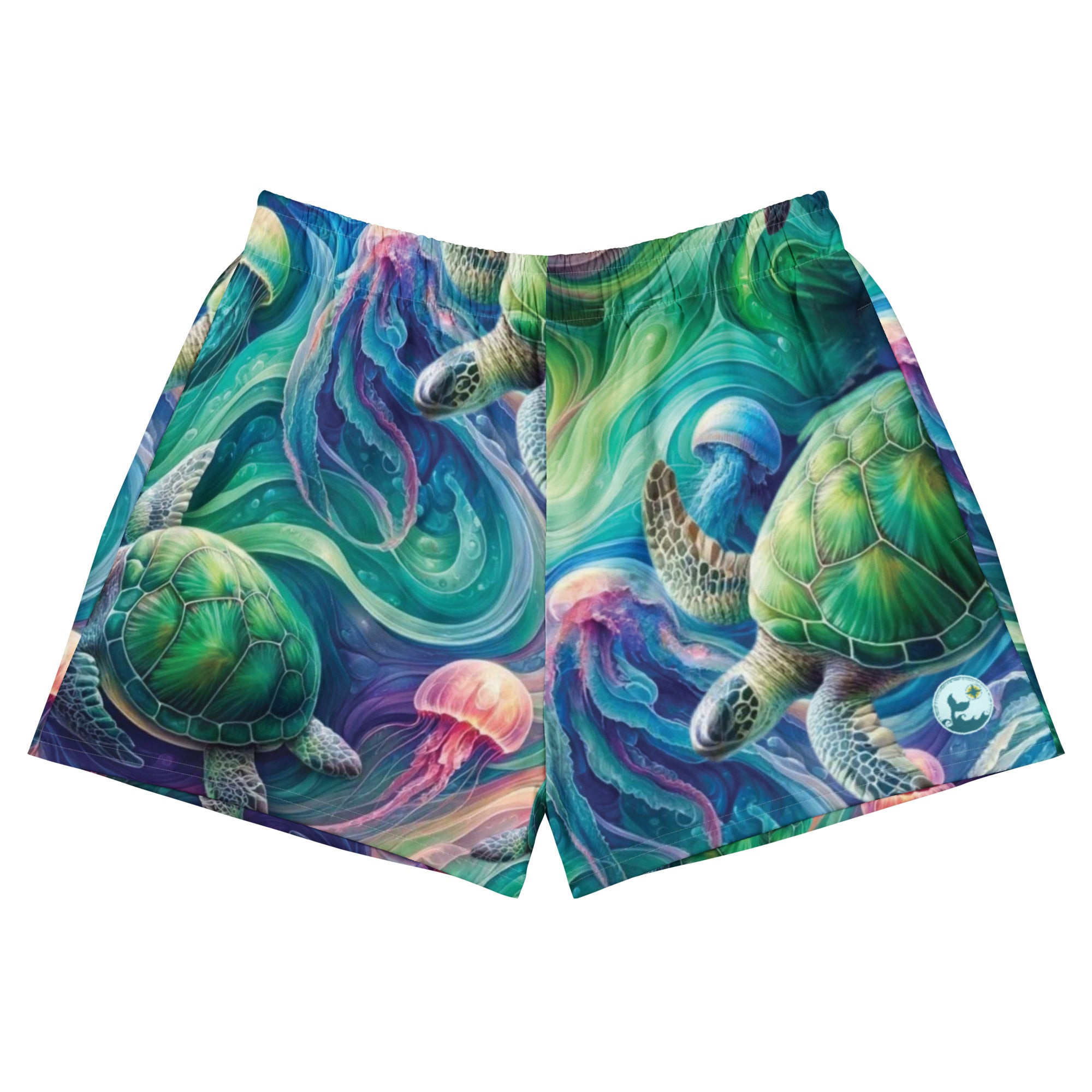 Psychedelic Turtle Breezy Swim Shorts – front view – breezy swim shorts for ocean days, post-dive lounging, and beach travel