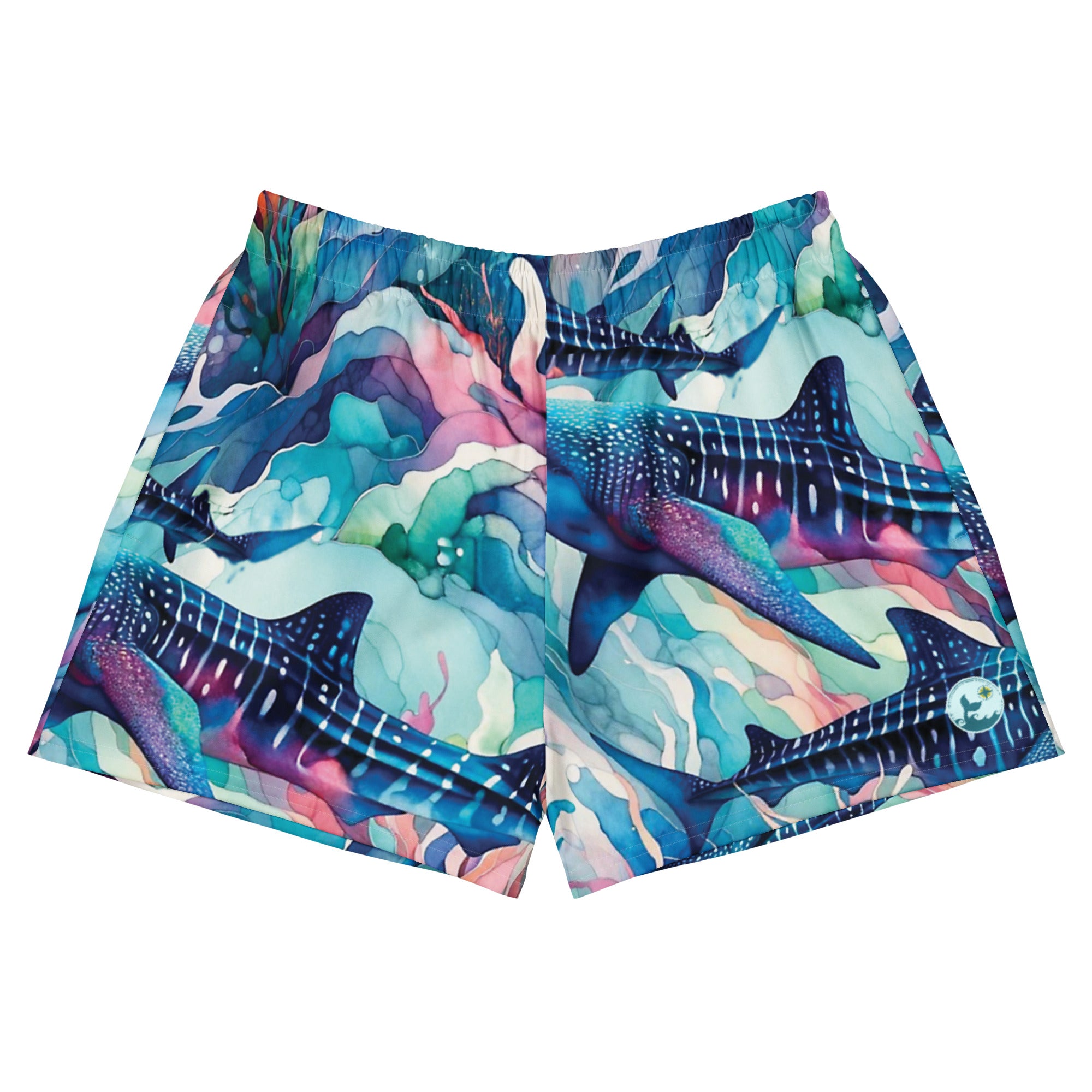 Electric Whale Shark Breezy Swim Shorts – front view – breezy swim shorts for ocean days, post-dive lounging, and beach travel