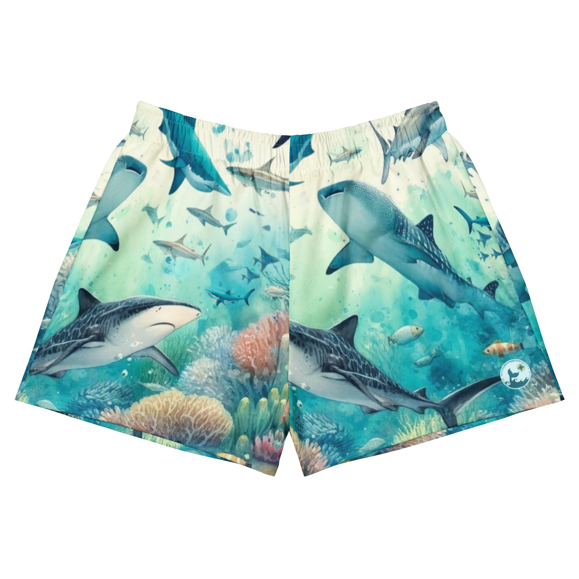 Shark Frenzy Breezy Swim Shorts – front view – breezy swim shorts for ocean days, post-dive lounging, and beach travel