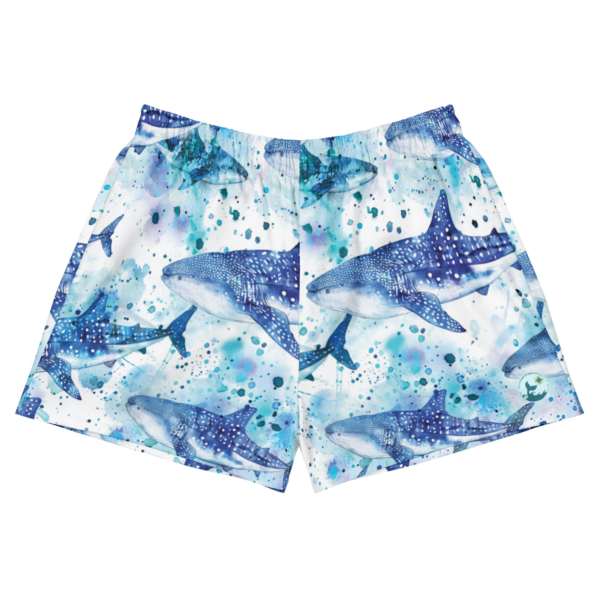 Whimsical Whale Shark Breezy Swim Shorts – front view – breezy swim shorts for ocean days, post-dive lounging, and beach travel