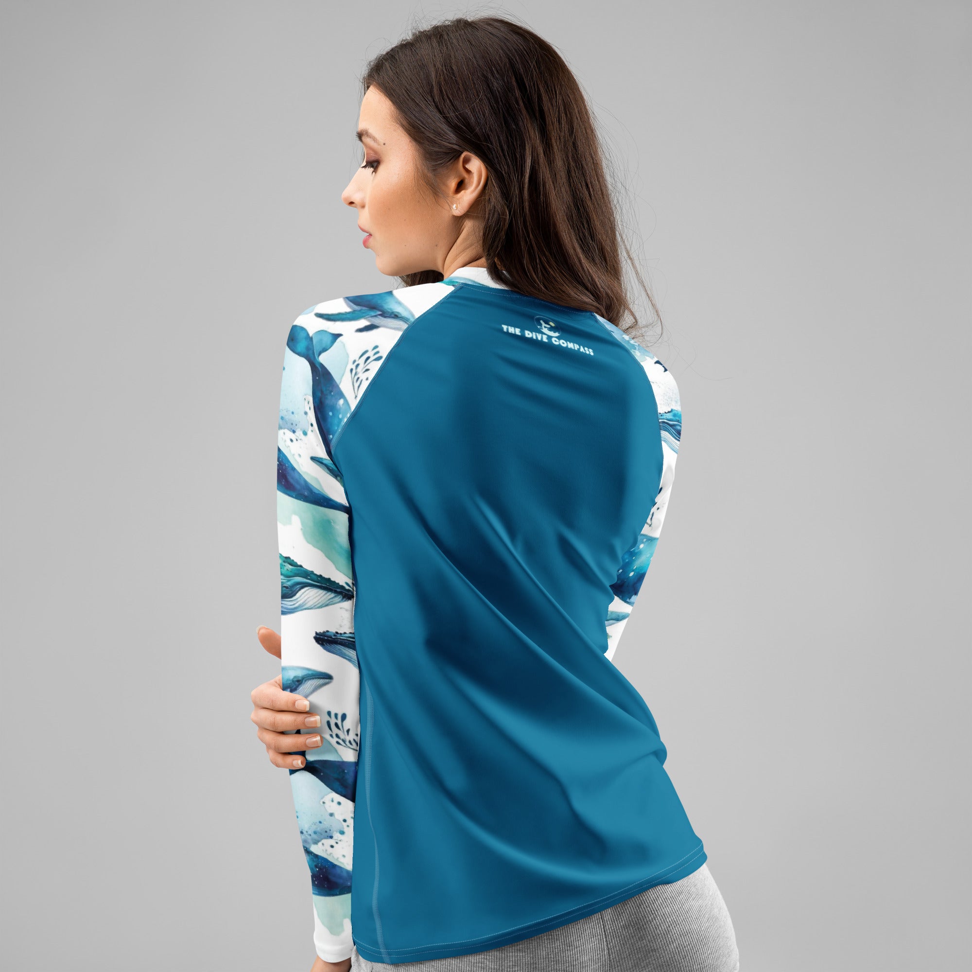 Humpback Dreams Women's Rash Guard – back view – sustainable women's rash guard in soft recycled polyester for divers