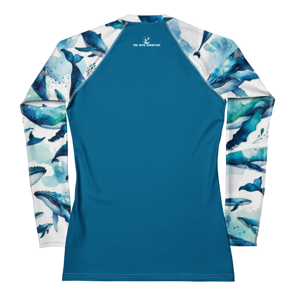 Humpback Dreams Women's Rash Guard – back view – long sleeve scuba diving rash guard for women in warm tropical waters