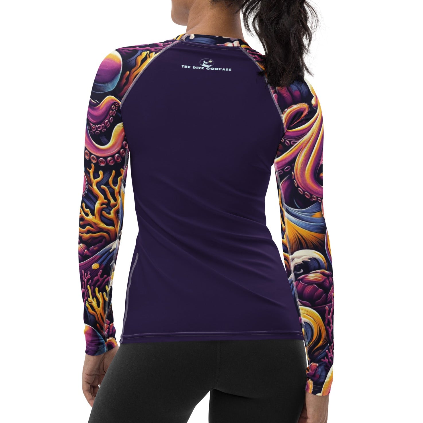 Octopus Ink Women's Rash Guard – back view – recycled women's rash guard for scuba diving and warm water snorkeling