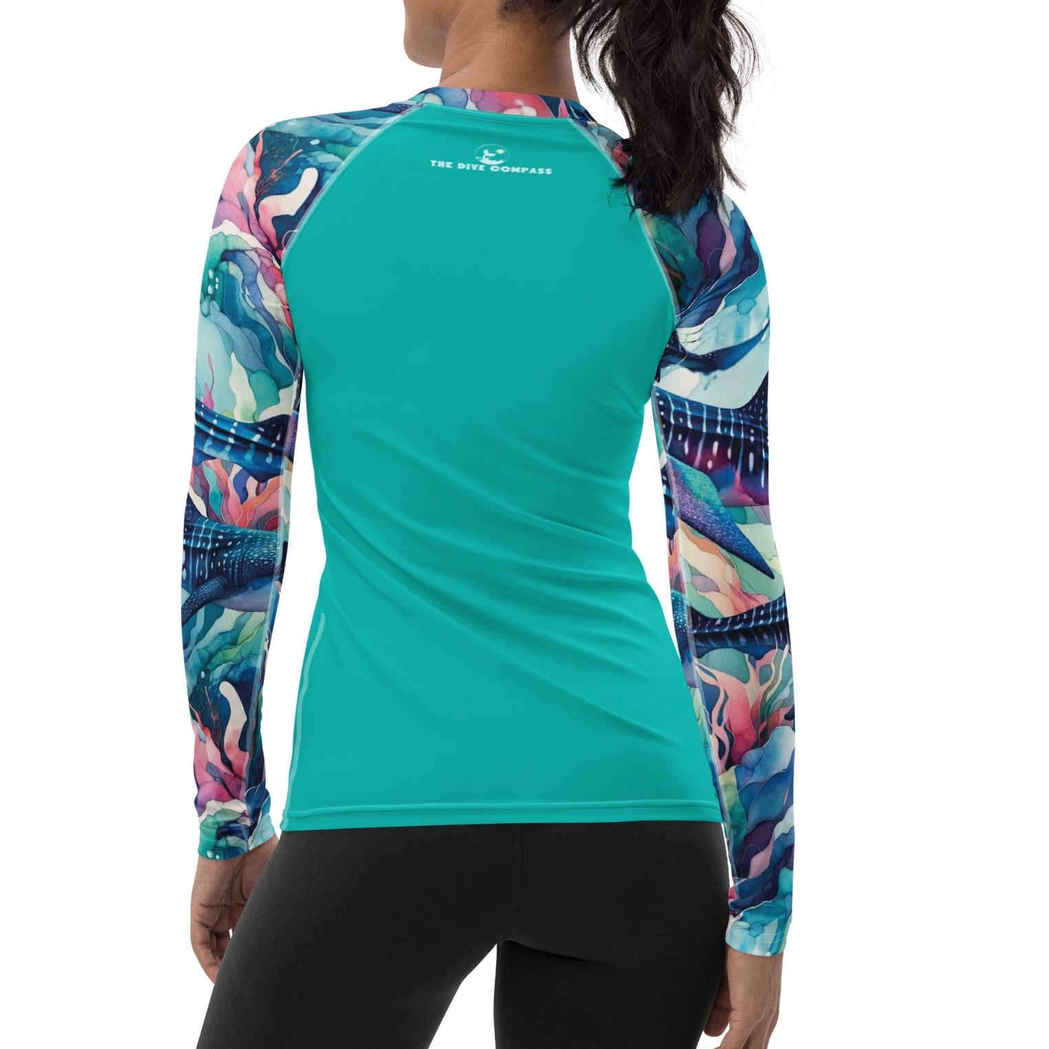 Electric Whale Shark Women's Rash Guard – back view – recycled women's rash guard for scuba diving and warm water snorkeling