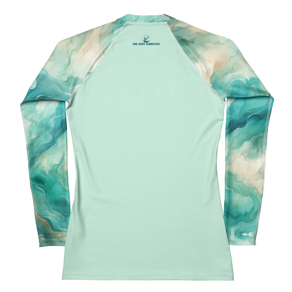 Turquoise Seas Women's Rash Guard – back view – long sleeve scuba diving rash guard for women in warm tropical waters