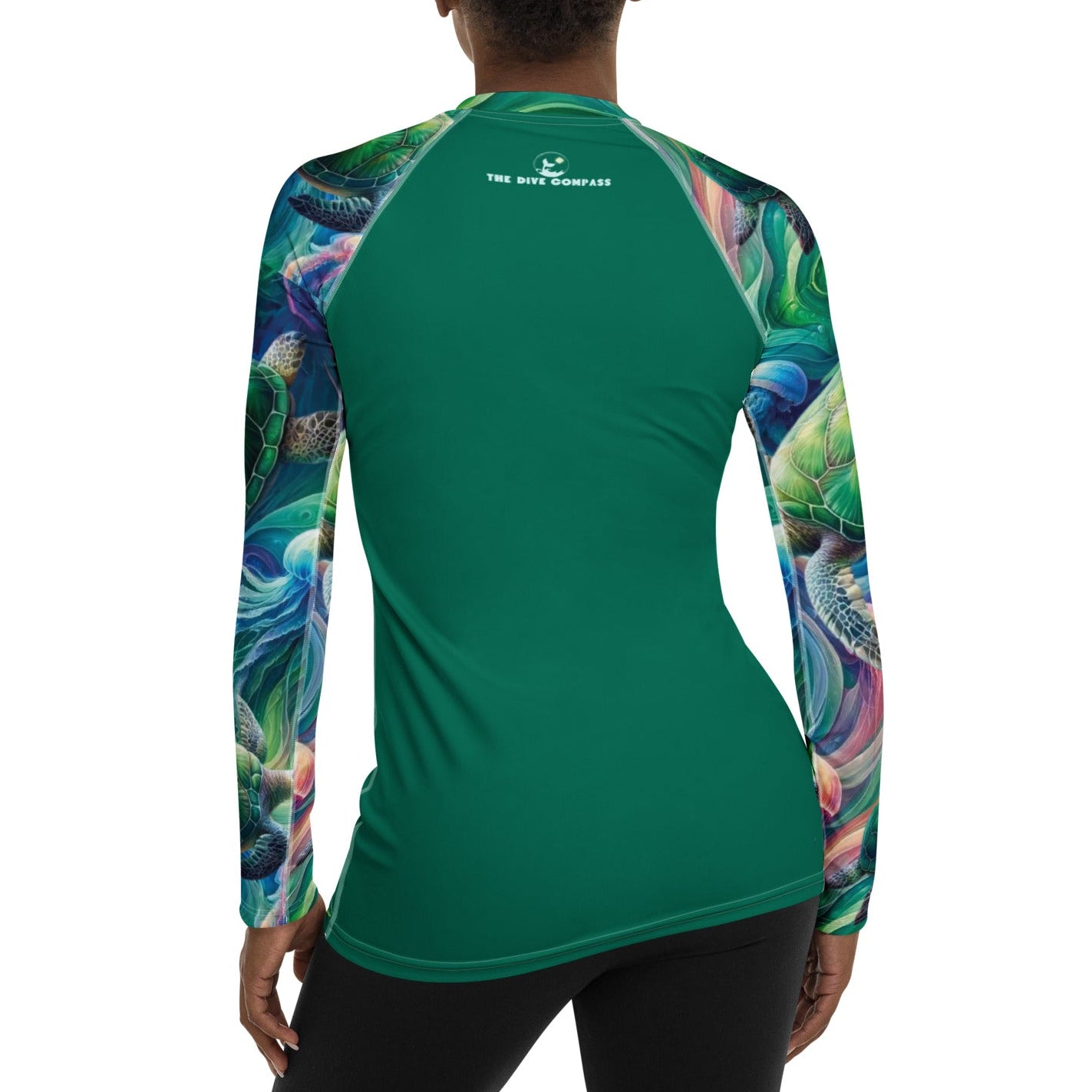 Psychedelic Turtle Women's Rash Guard – back view – recycled women's rash guard for scuba diving and warm water snorkeling