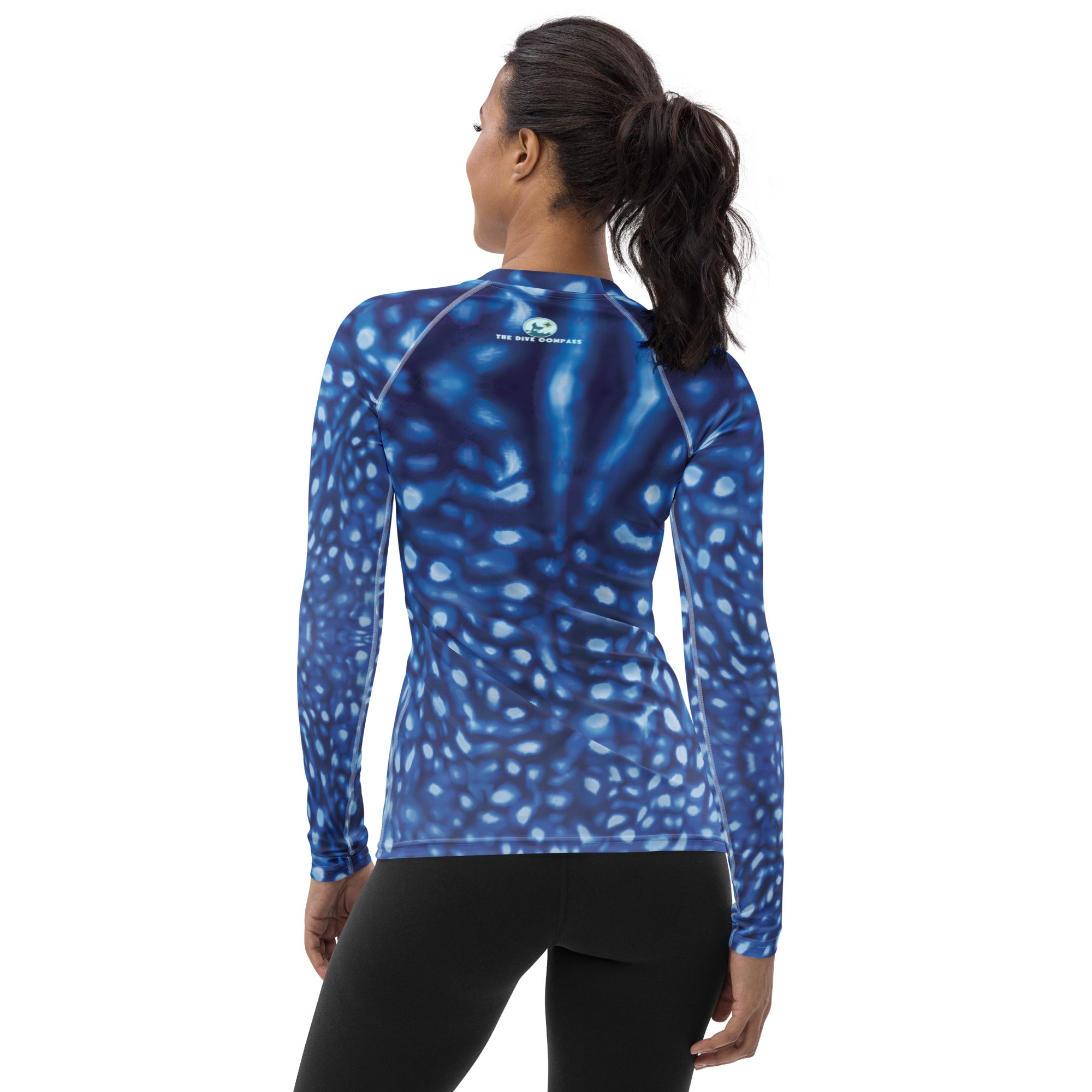 Whale Shark Constellation Women's Rash Guard – back view – long sleeve rash guard with UPF 50+ protection for scuba and snorkel