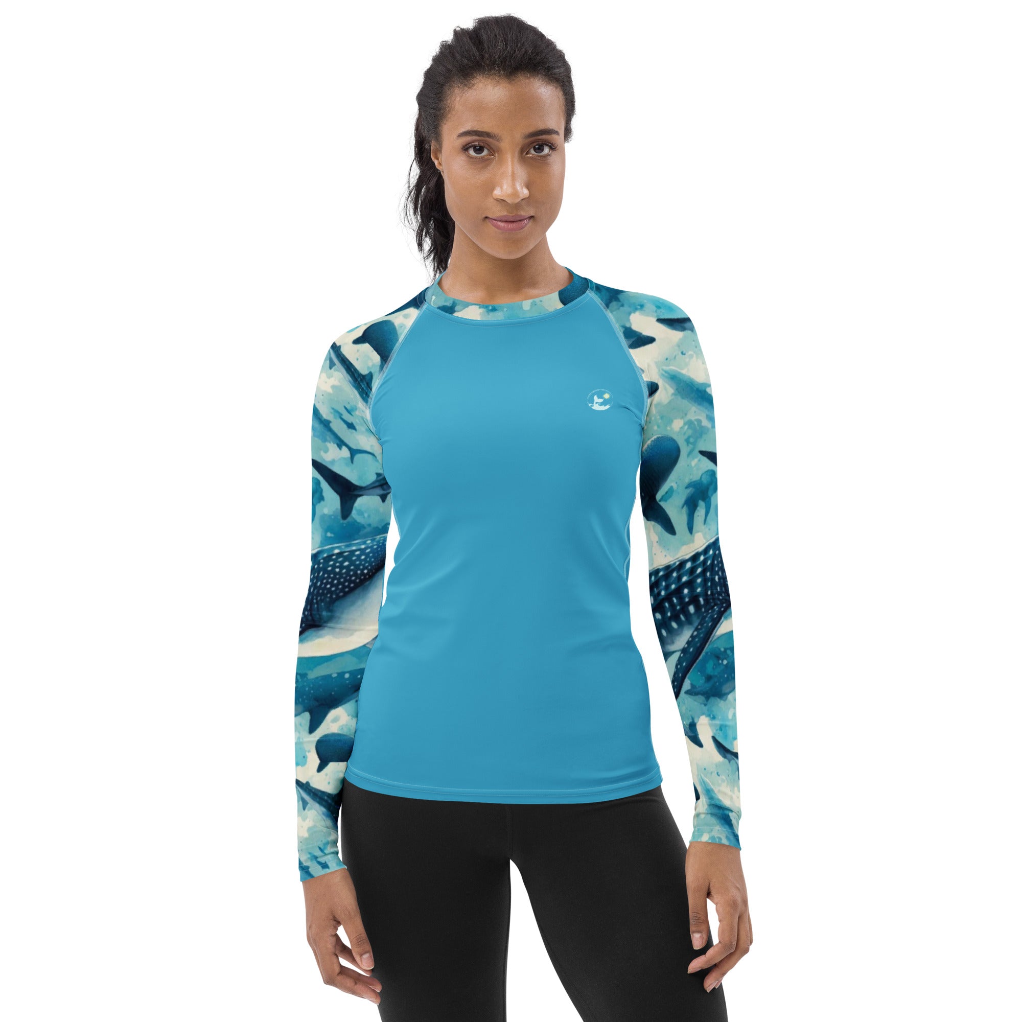 Whale Shark Blues Women's Rash Guard – front view – women's rash guard with UPF 50+ sun protection for scuba diving