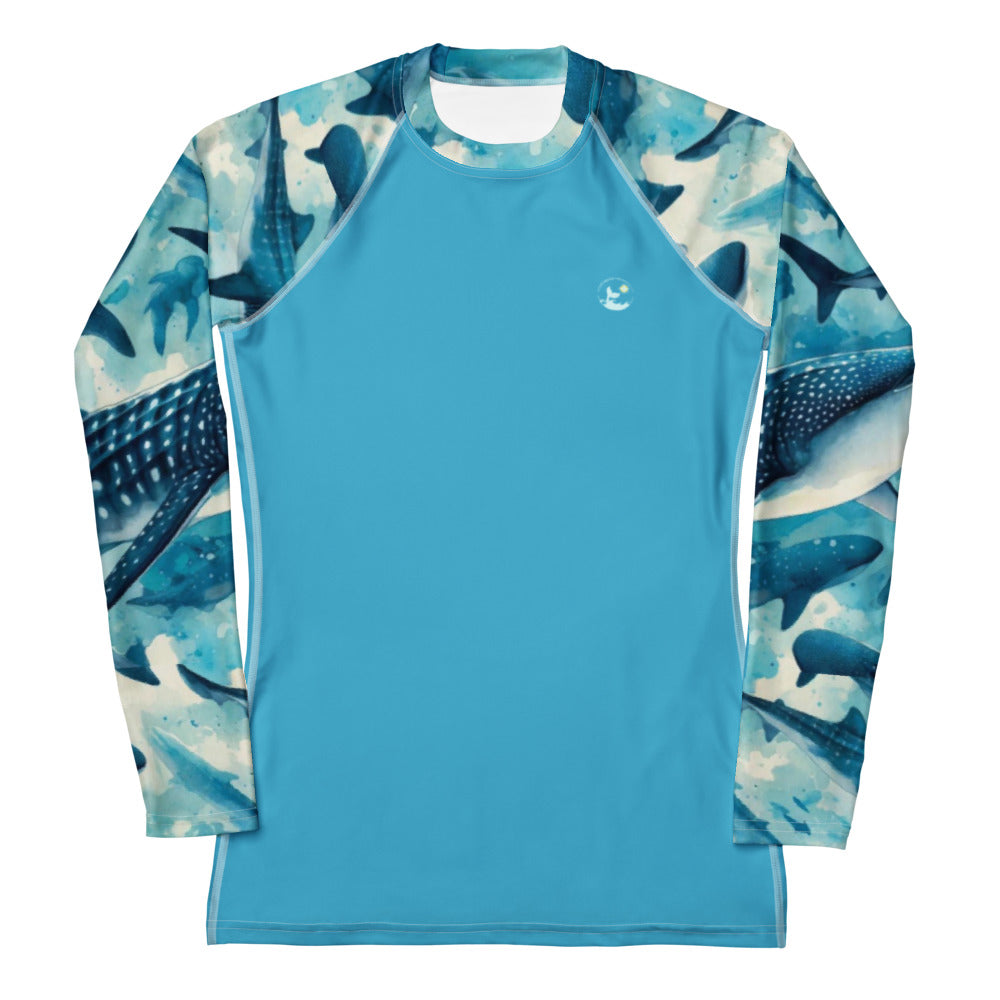 Whale Shark Blues Women's Rash Guard – front view – sustainable women's rash guard in soft recycled polyester for divers