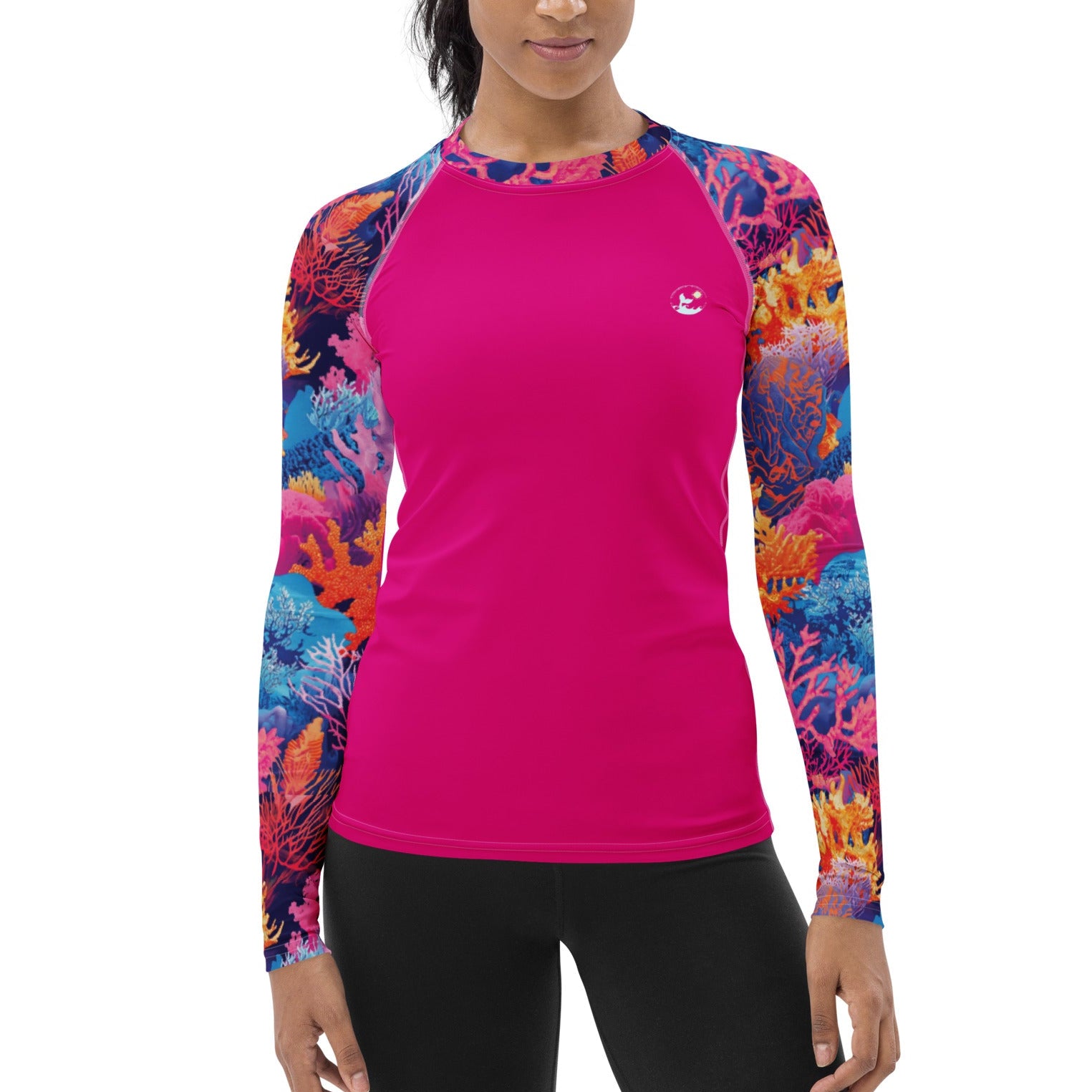 Fire Corals Women's Rash Guard – front view – women's rash guard with UPF 50+ sun protection for scuba diving