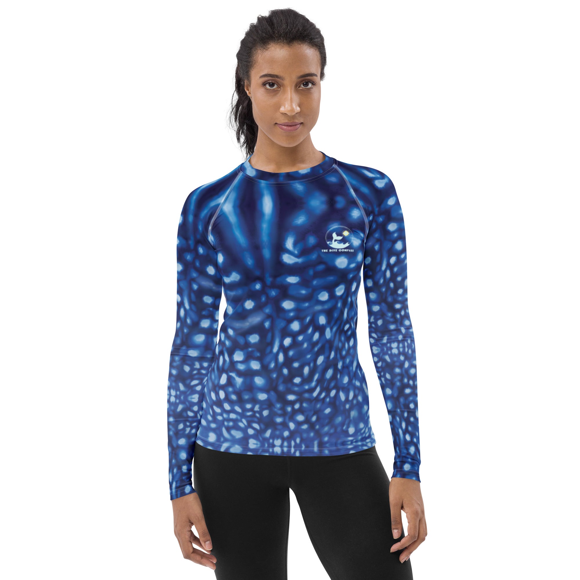 Whale Shark Constellation Women's Rash Guard – front view – recycled women's rashie made for ocean lovers and conservation-minded divers
