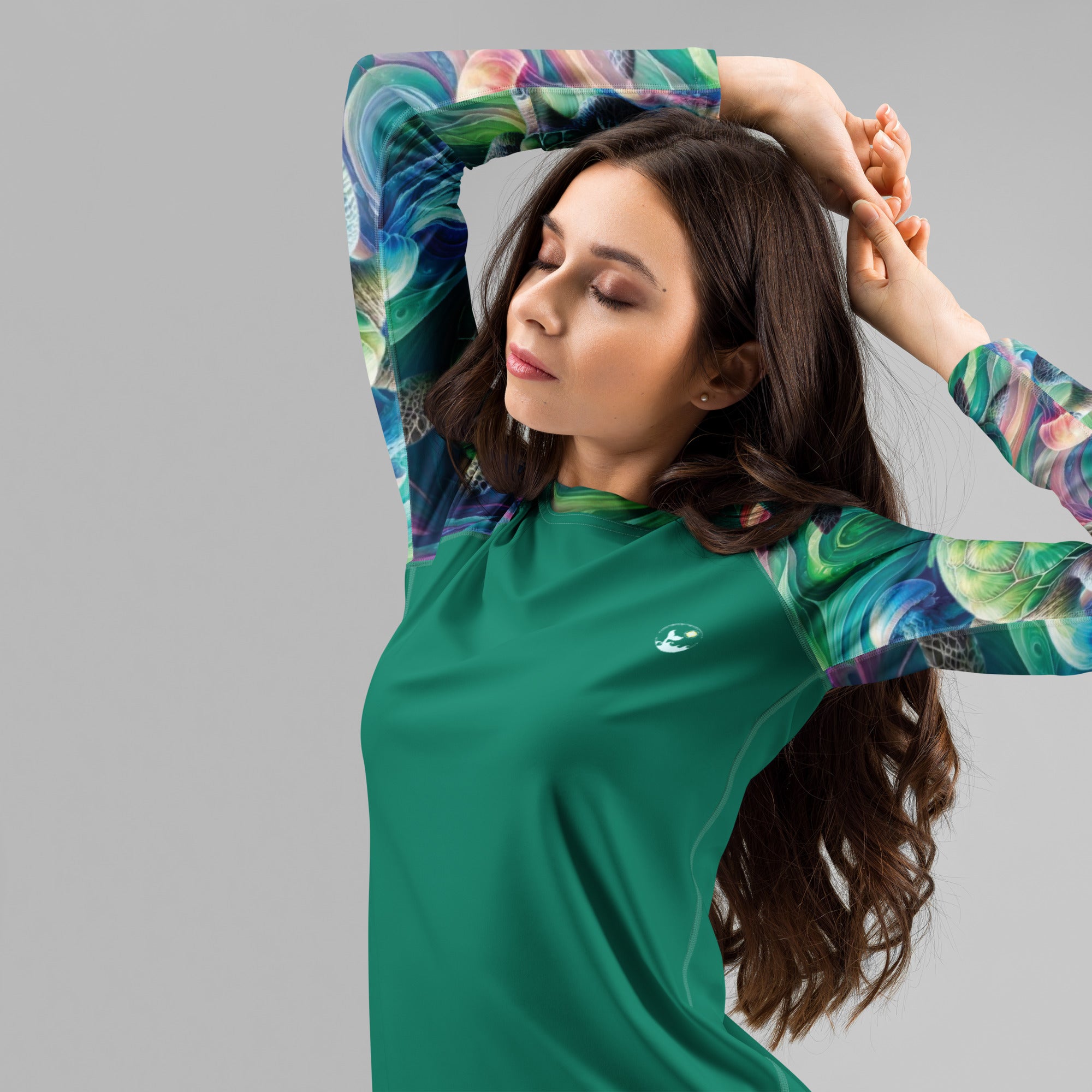 Psychedelic Turtle Women's Rash Guard – left front view – women's rashie that fits under a wetsuit for tropical reef diving