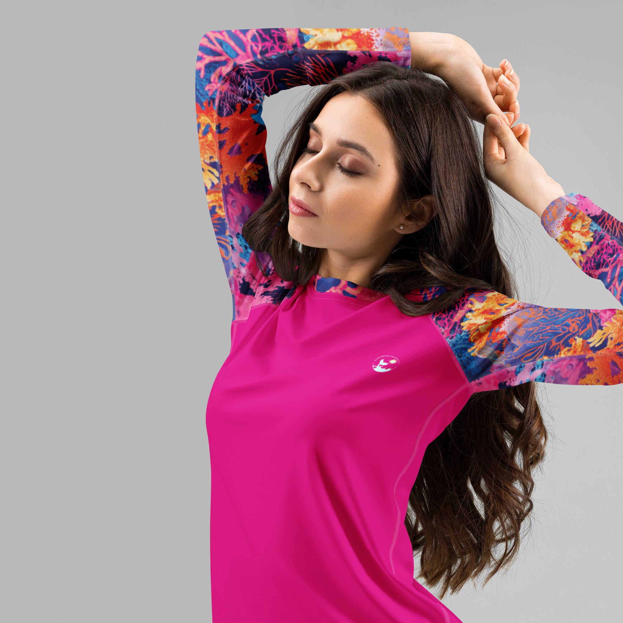 Fire Corals Women's Rash Guard – left front view – sustainable women's rash guard in soft recycled polyester for divers