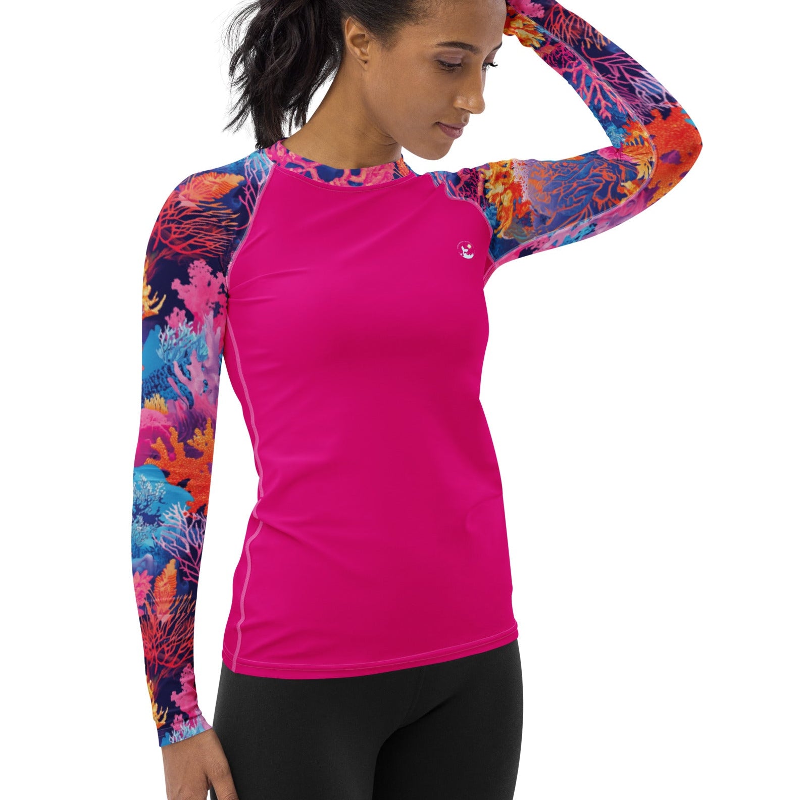 Fire Corals Women's Rash Guard – right side view – women's rashie that fits under a wetsuit for tropical reef diving