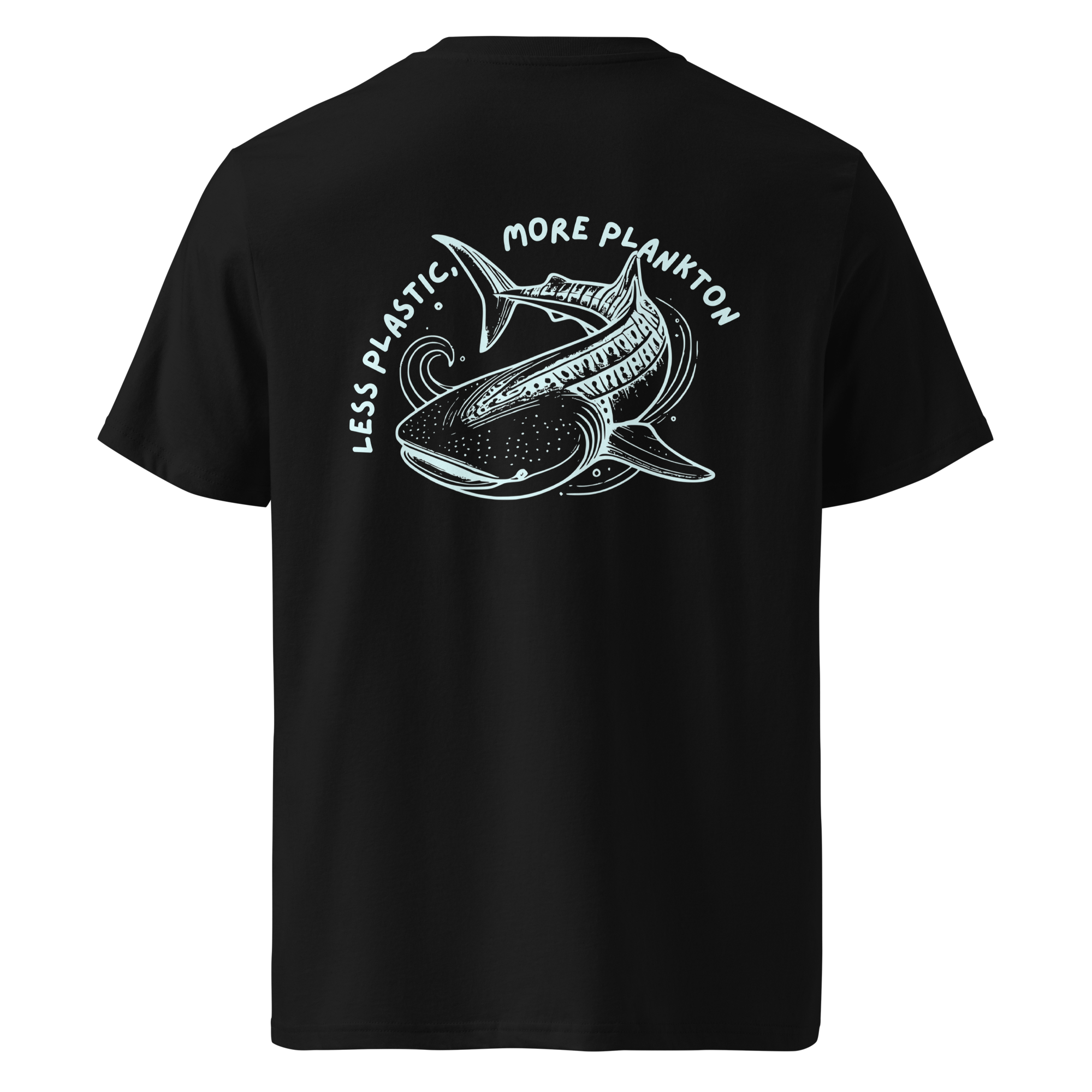 "Less Plastic, More Plankton" Whale Shark Organic Cotton Conservation Shirt – back view – organic cotton ocean apparel for divers, snorkelers, and beach lovers