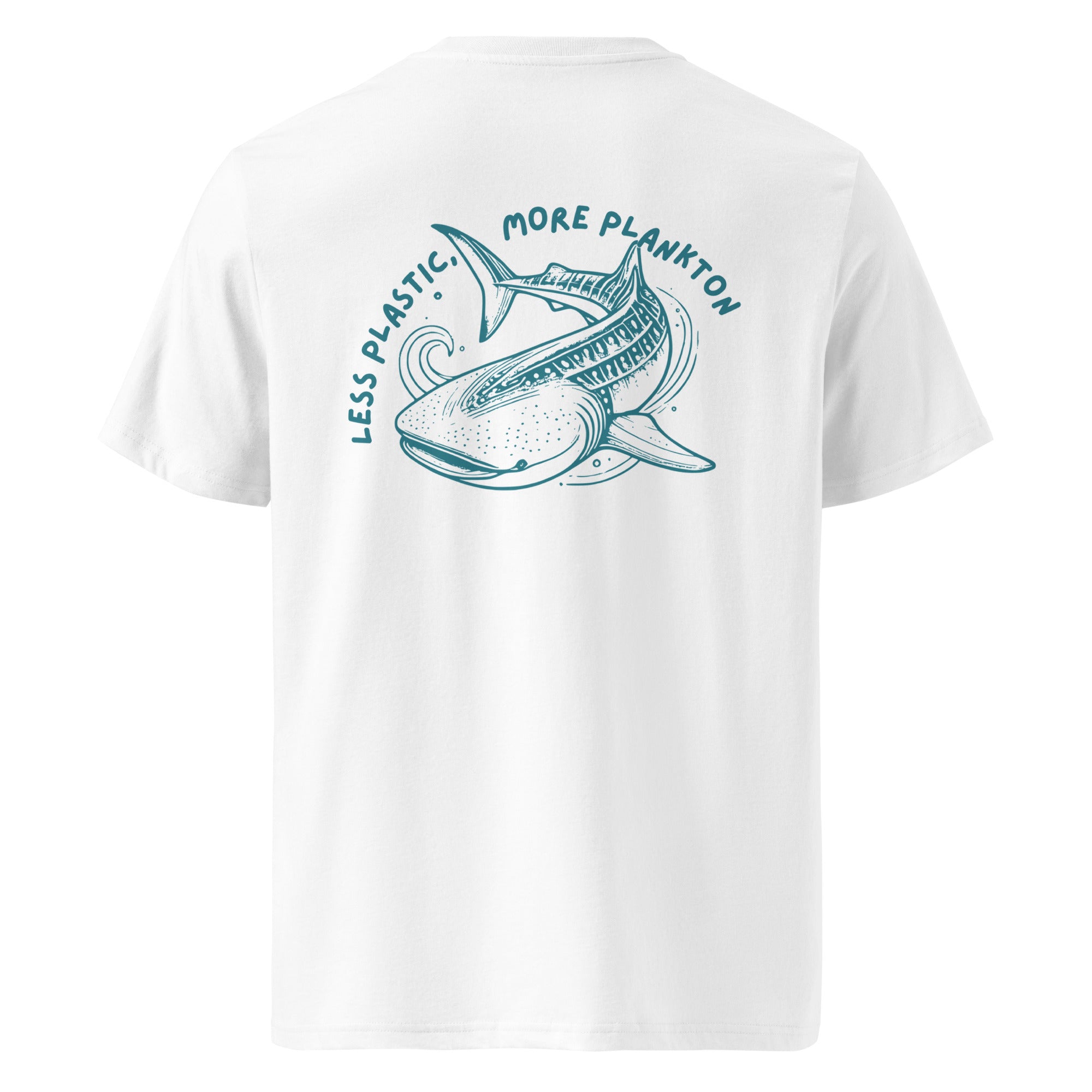 "Less Plastic, More Plankton" Whale Shark Organic Cotton Conservation Shirt – back view – organic cotton tee made for ocean lovers, divers, and reef protectors
