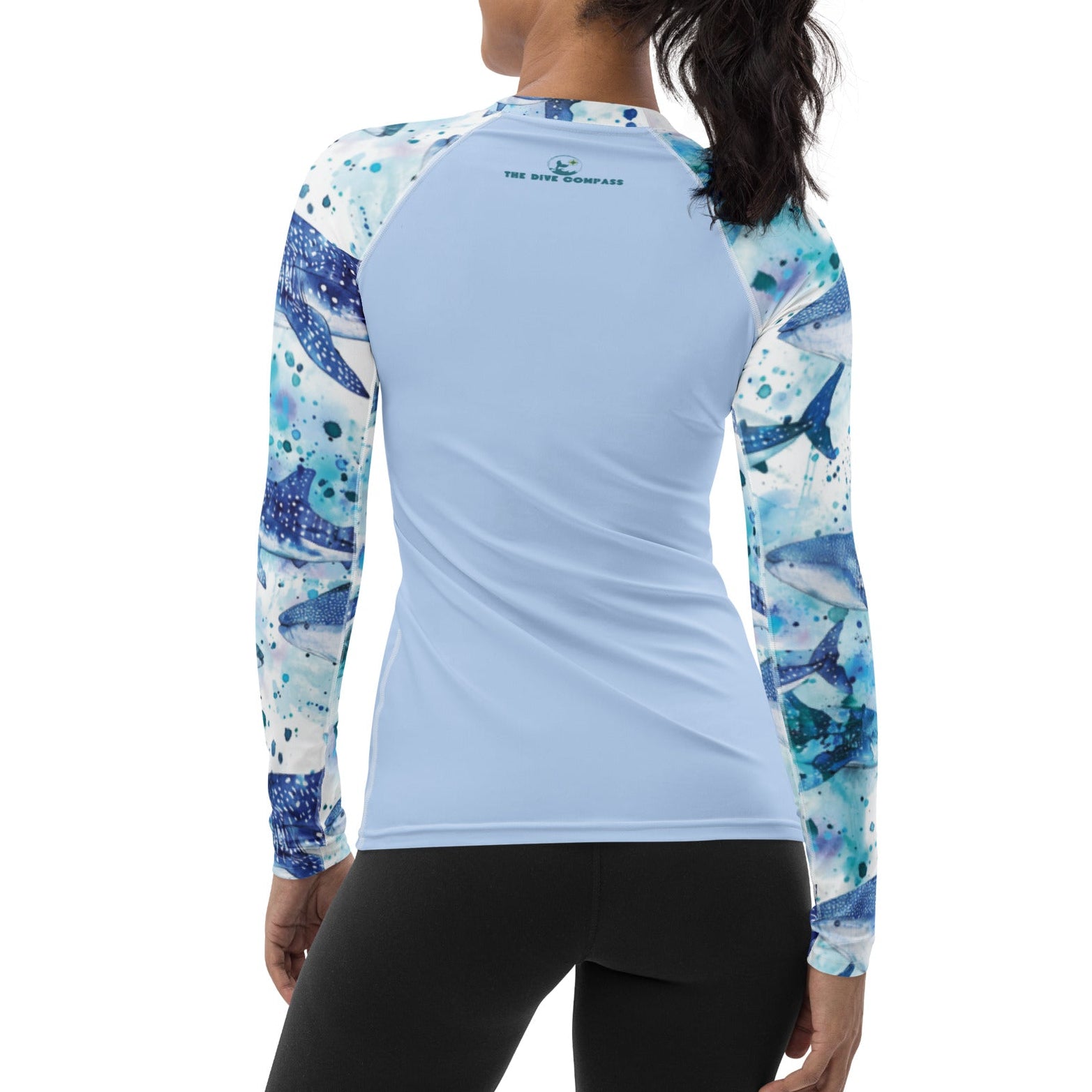 Product mockup. Whimsical Whale Shark Women's Rash Guard with full sun protection, UPF 50+, UV rash guard for scuba divers, sun shirts and dive skins