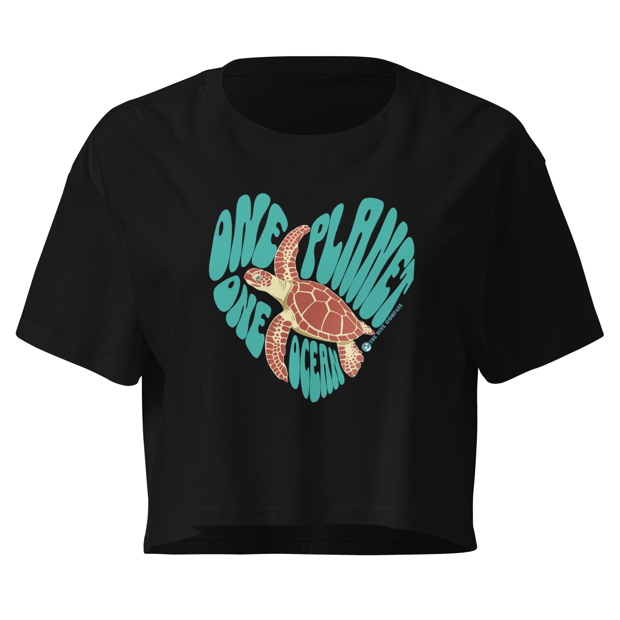 "One Planet One Ocean" Cotton Crop Top – front view – cotton crop top for the ocean-conscious diver and snorkel enthusiast