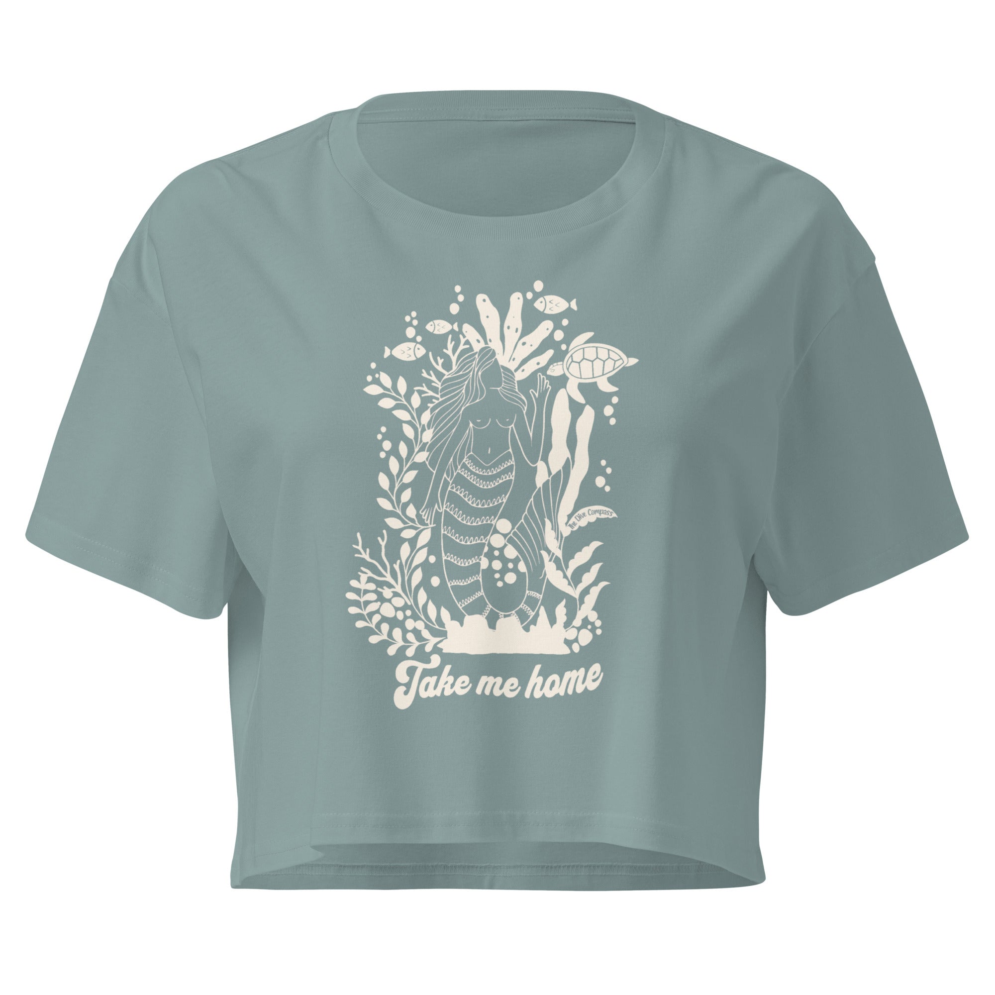 "Take Me Home" Mermaid Cotton Crop Top – front view – cotton crop top for ocean lovers, divers, and marine life advocates
