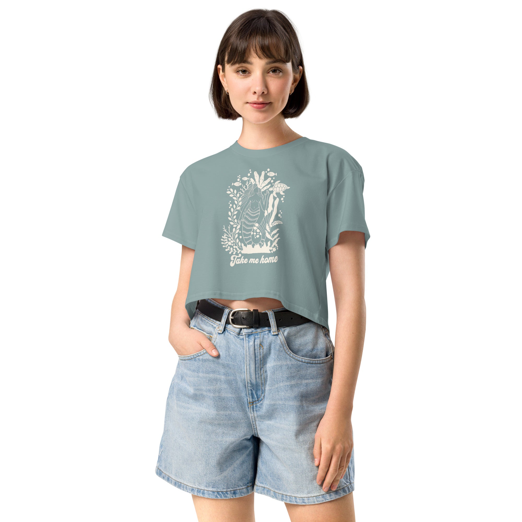"Take Me Home" Mermaid Cotton Crop Top – front view – women's cotton crop top with marine life print and soft cotton feel