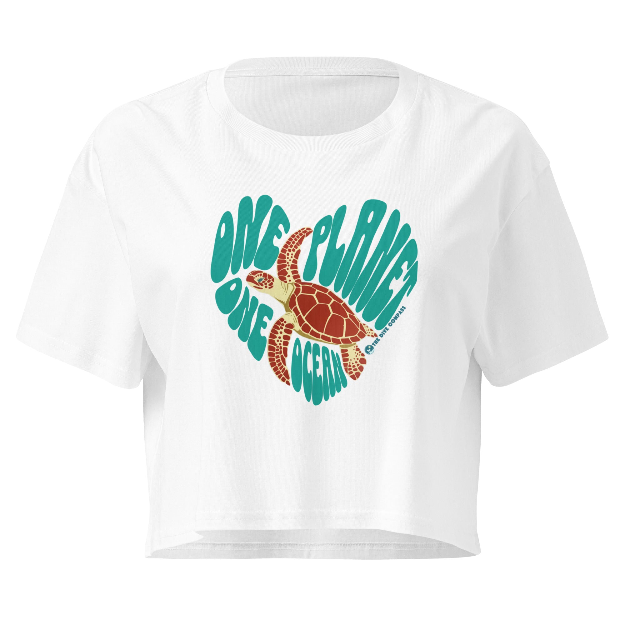 "One Planet One Ocean" Cotton Crop Top – front view – cotton crop top for ocean lovers, divers, and marine life advocates