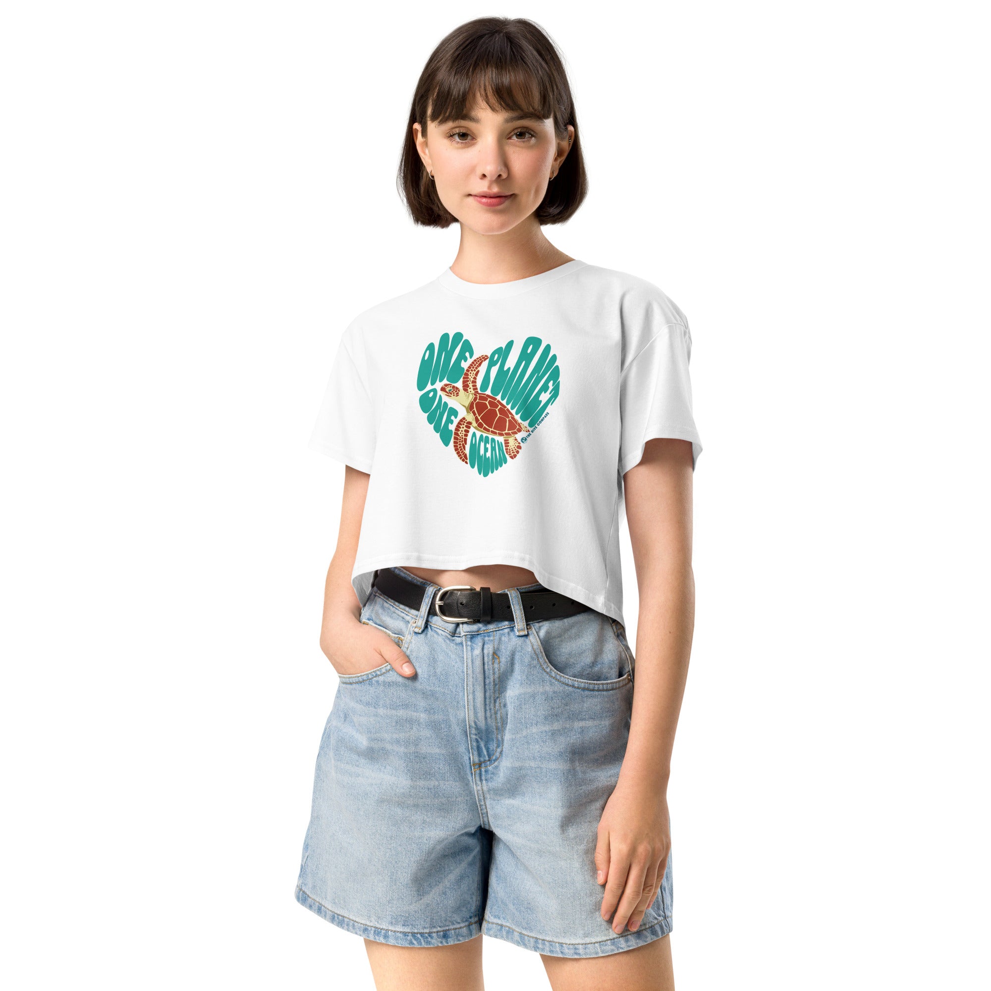 "One Planet One Ocean" Cotton Crop Top – front view – women's cotton crop top with marine life print and soft cotton feel