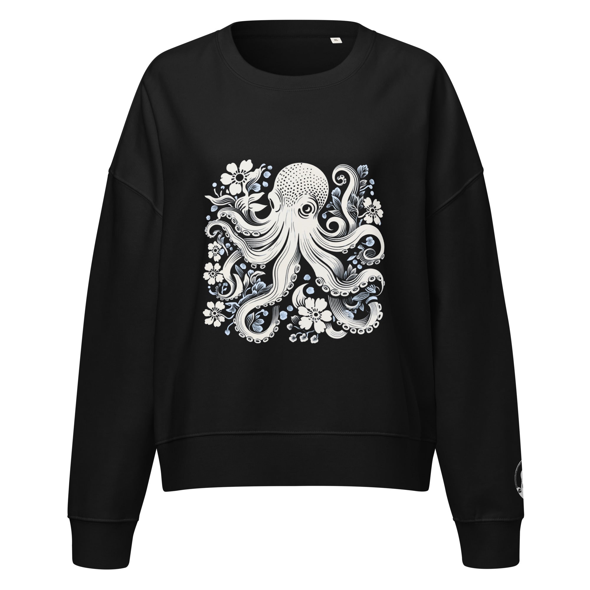 Octopus Bloom Women's Organic Cotton Sweatshirt – front view – cozy organic cotton sweatshirt for divers, snorkelers, and ocean days