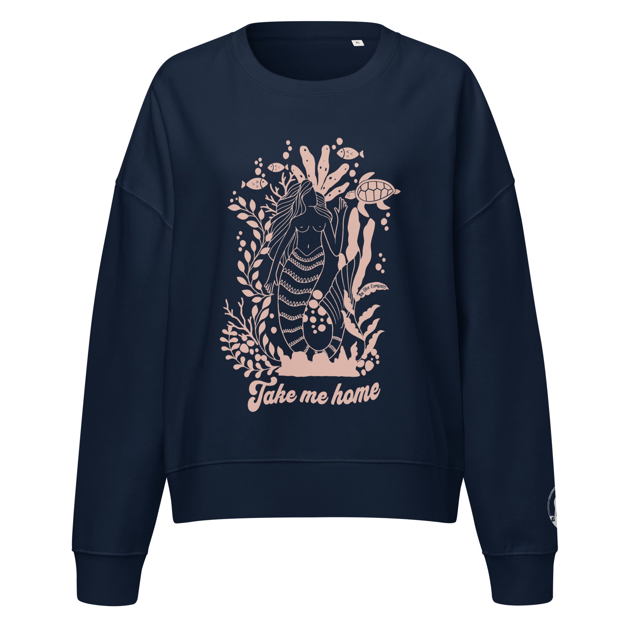 "Take Me Home" Mermaid Organic Cotton Sweatshirt – front view – organic cotton sweatshirt for ocean lovers, divers, and conservationists