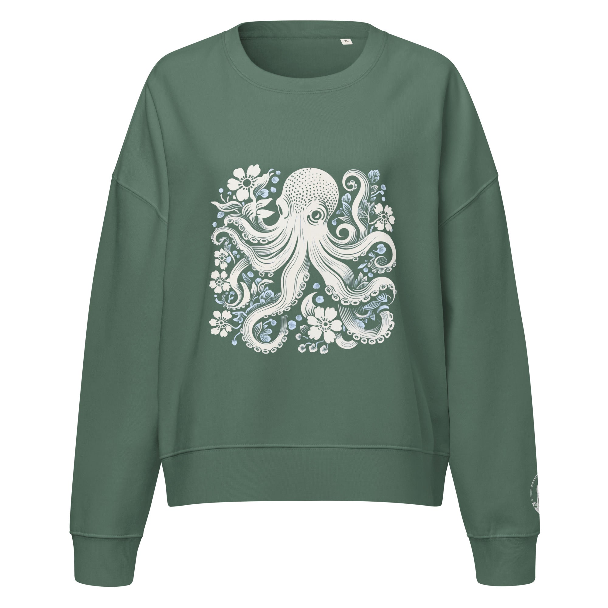 Octopus Bloom Women's Organic Cotton Sweatshirt – front view – organic cotton sweatshirt for ocean lovers, divers, and conservationists